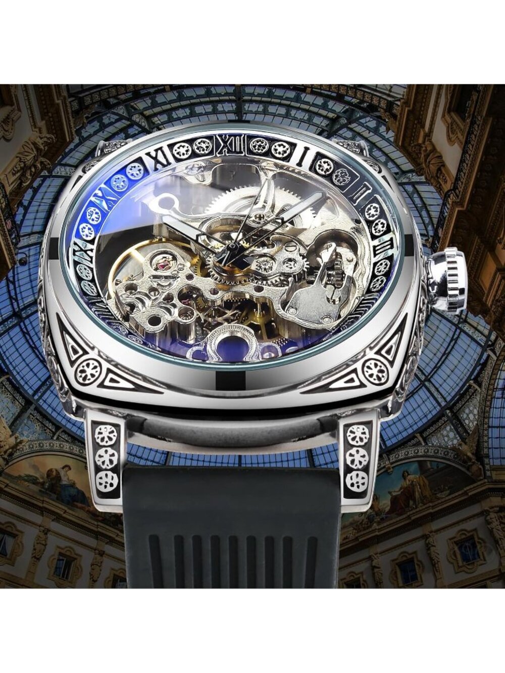 Men's Black Square Mechanical Rubber Buckle Self-Wind Carved Automatic Watch - Picture 2 of 6